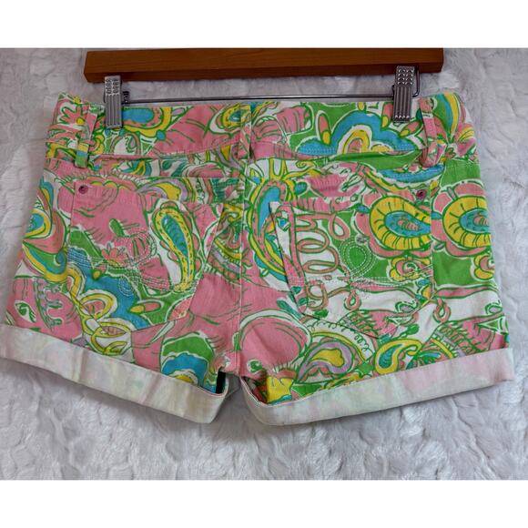 Lilly Pulitzer Clifton Stretch Denim Short Pink Green Blue Elephant Women Size 2 - Picture 3 of 12